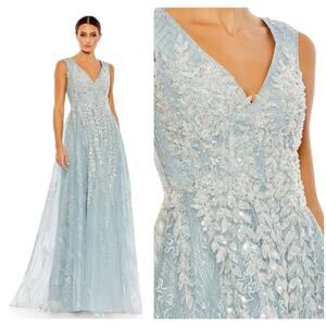 Mac Duggal 20312 Floral Ice Blue Size 8 Embroidered A-line Gown Sleeveless NWT